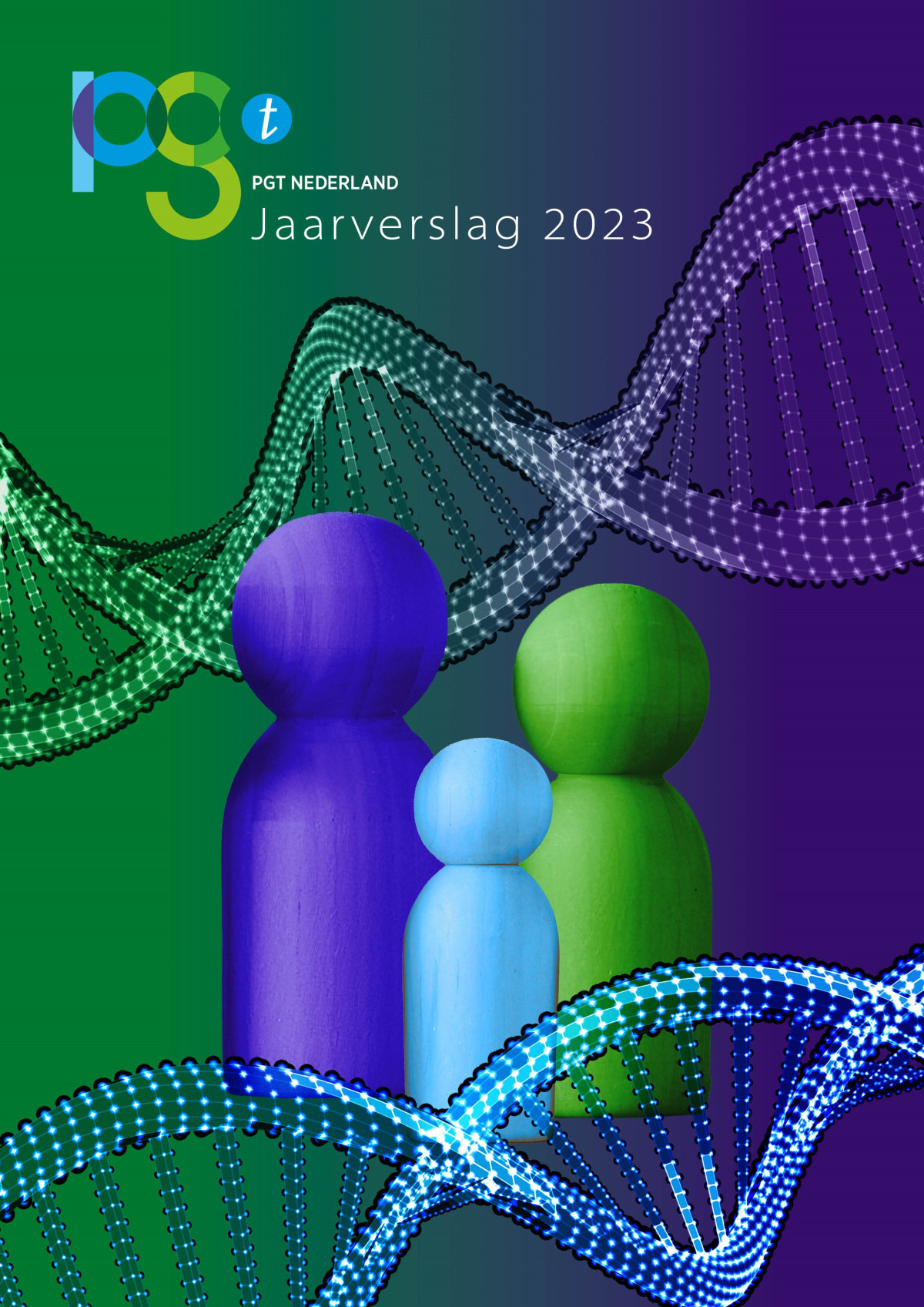 Cover jaarverslag PGT Nederland 2023, 3 figuren die een gezin symboliseren met een DNA-helix op de achtergrond